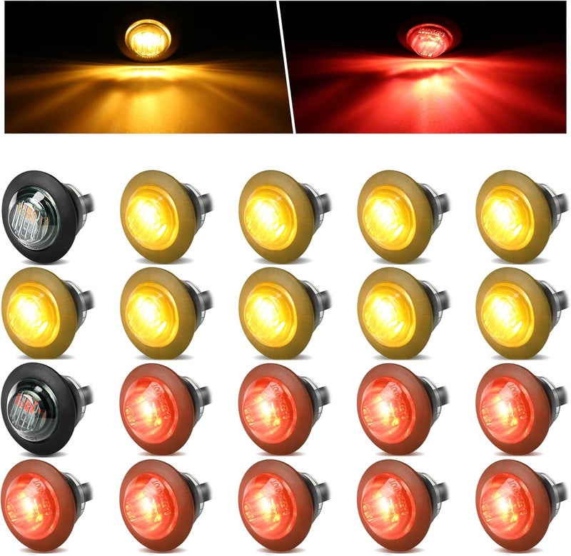 ALFU 20pcs (10pcs Amber + 10pcs Red) 3/4" Round LED Trailer Side Marker Clearance Lights Front Rear Signal Marker Indicators Tail Light Waterproof for Boat Lorry Truck Pickup Bus RV Car Bus Van - Image 1